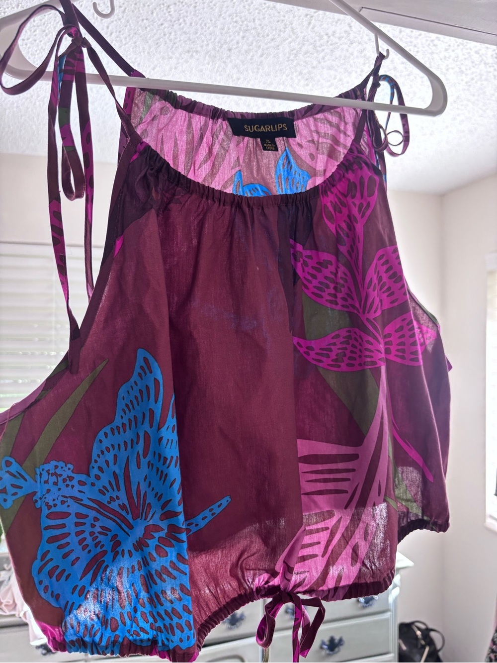 Sugarlips Women's Purple Floral Tie-Shoulder Crop Top- Size XL Boho/Beach vibes